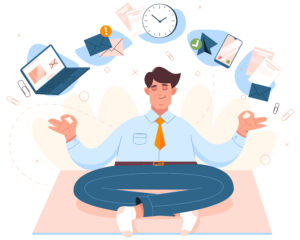 Flat businessman sitting in lotus position and doing yoga